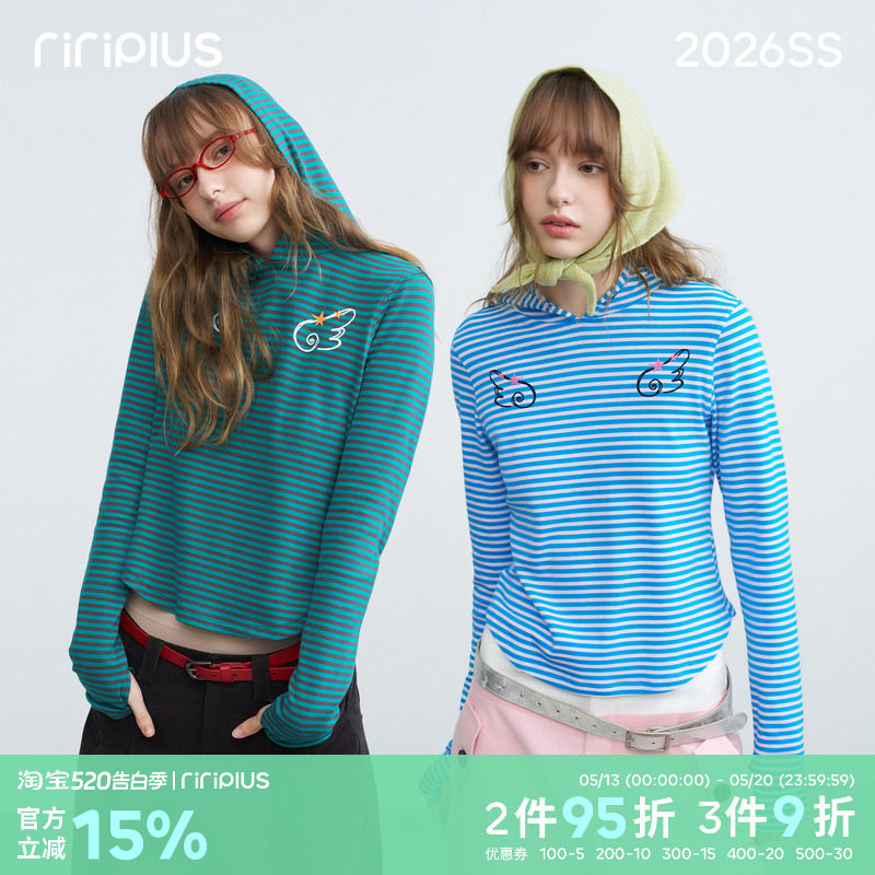 riverstone plus 连帽条纹对称翅膀印花薄卫衣女正肩修身长袖t恤