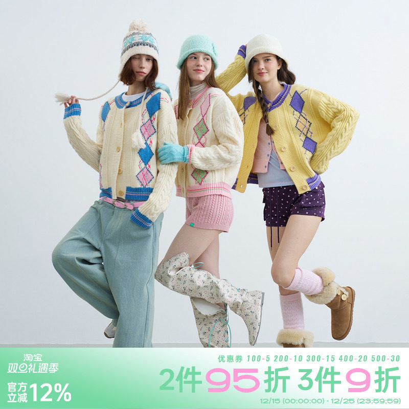 riverstone plus 美式复古学院风菱格纹毛衣女圆领针织麻花纹开衫