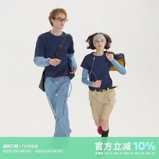 riri plus x rsm圆领假两件拼接条纹长袖T恤男女同款修身撞色上衣