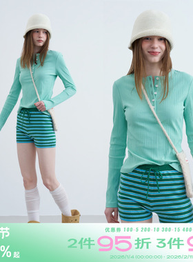 riverstone plus 简约亨利领修身长袖T恤女慵懒竖条纹纽扣打底袖