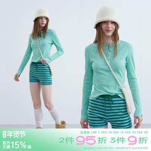 riverstone plus 简约亨利领修身长袖T恤女慵懒竖条纹纽扣打底袖