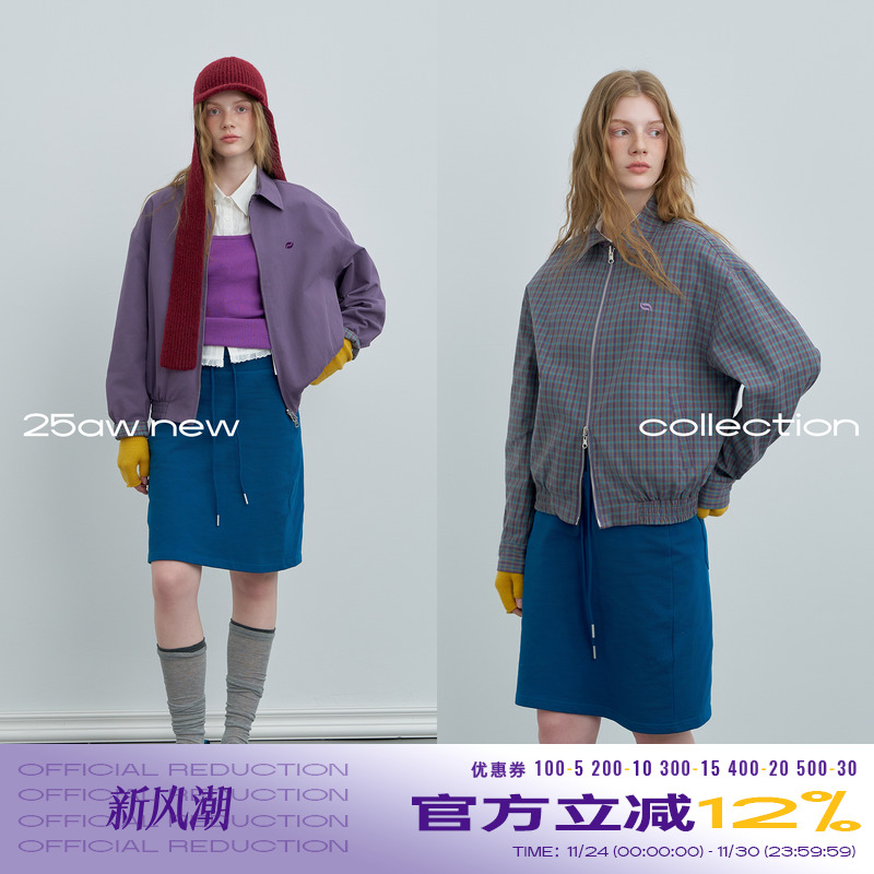 riverstone plus 两面穿翻领哈灵顿夹克女秋季纯棉宽松格纹外套