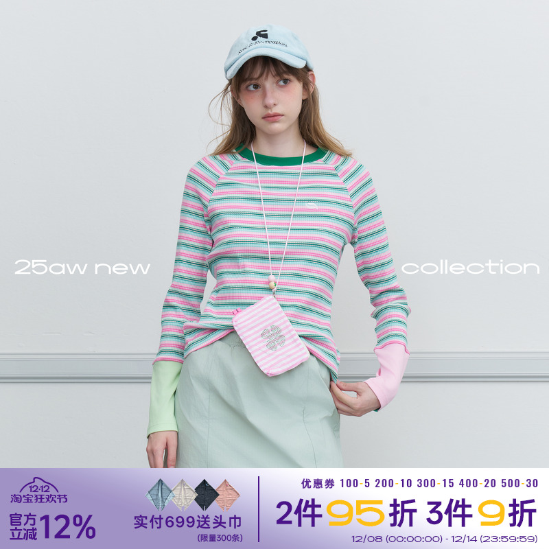 riverstone plus修身百搭彩色条纹长袖T恤女秋季圆领撞色针织上衣