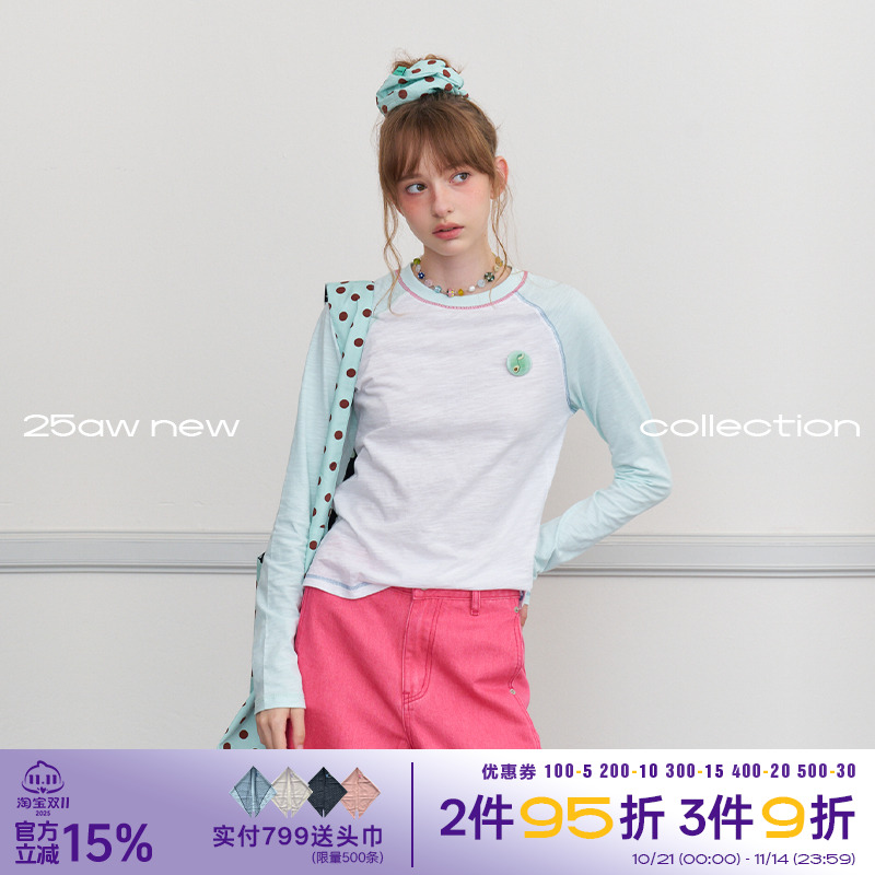 糖果撞色圆领插肩长袖T恤女