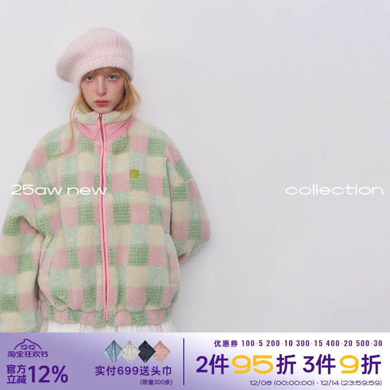 riverstone plus 格纹立领仿羊羔毛夹克女冬季加厚保暖毛绒外套