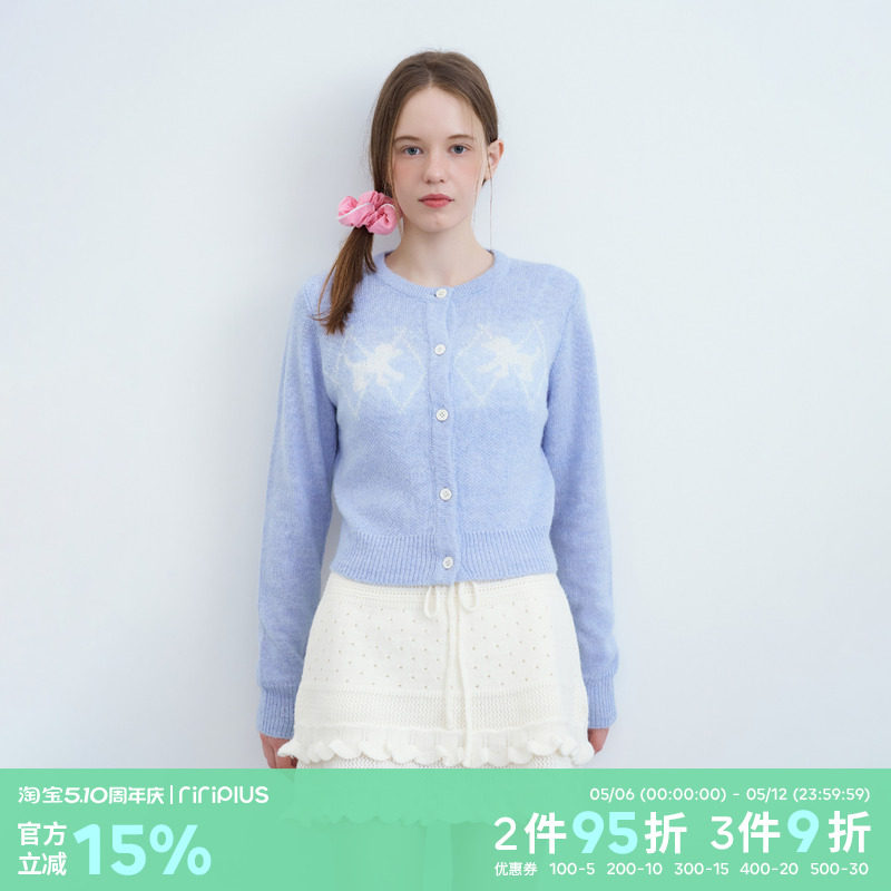 riverstone plus 腊肠狗提花修身毛衣女圆领羊毛混纺针织开衫外套