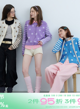 riverstone plus 甜美风波点拼接撞色条纹圆领毛衣女针织开衫外套