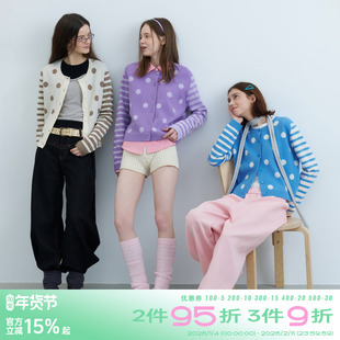 riverstone plus 甜美风波点拼接撞色条纹圆领毛衣女针织开衫外套