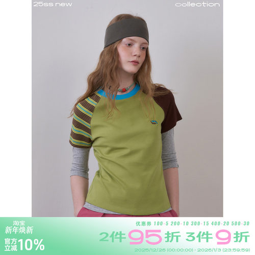 修身显瘦圆领t恤女拼接撞色正肩T