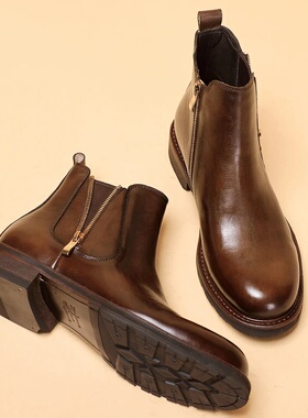 切尔西男英伦CLG软皮靴子真皮厚底冬季加绒保暖中帮马丁靴231048