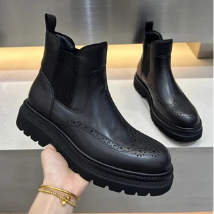帕达索英伦雕花切尔西靴高帮男鞋潮秋冬新款真皮厚底短靴男240926