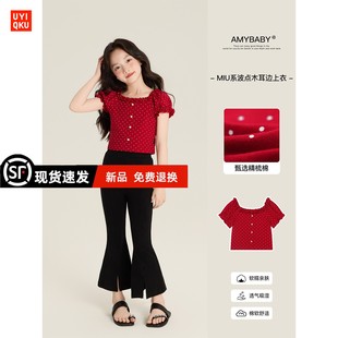 T恤 新款 女童上衣夏季 2025新款 miu系木耳边甜美红色波点泡泡袖