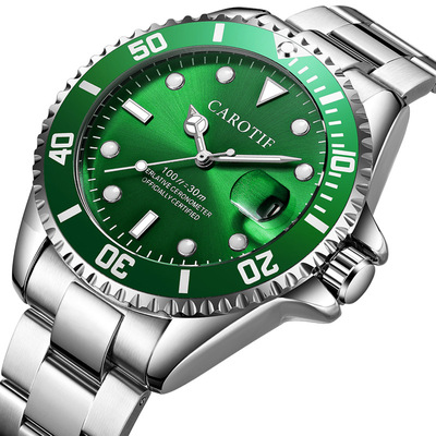 卡罗蒂夫爆款夜光绿水鬼手表士机械手表大表盘时尚钢带防水腕表