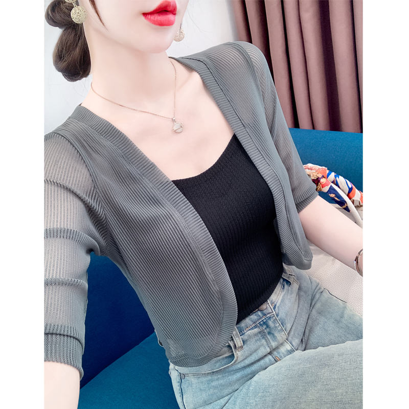 配吊带裙的上衣外搭罩衫夏季洋气百搭短款开衫网纱凉感外套小坎肩