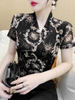 Short-sleeved women's summer new Western-style top, slimming and belt-concealing mini shirt, versatile mesh T-shirt base layer, mom's outfit thumbnail 6