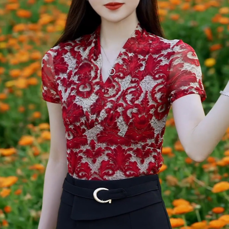 设计感网纱短袖上衣夏季新款女装时尚洋气印花小衫遮肚显瘦T恤女