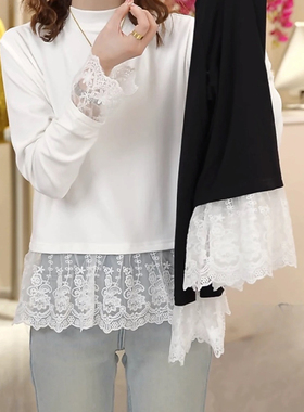 蕾丝花边打底衫叠穿洋气上衣女2026年早春新款白色假两件长袖T恤