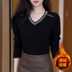 气质V领长袖 上衣女打底衫 女秋冬内搭可外穿高级感烫钻洋气百搭T恤