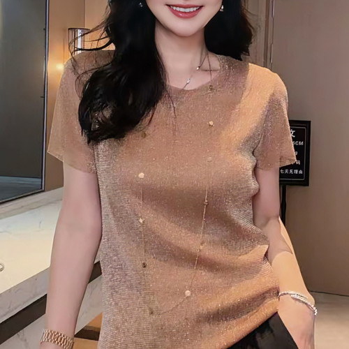 高级感亮丝圆领短袖T恤女夏季薄款透气显瘦小衫百搭通勤气质上衣