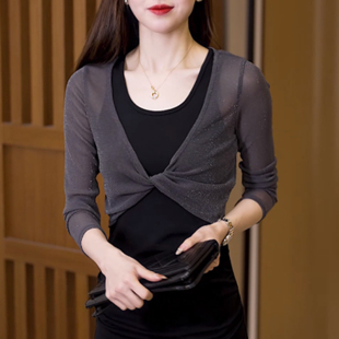 遮肉外套 打结披肩V领交叉上衣女罩衫 银丝小坎肩夏季 配吊带裙短款