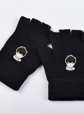 外贸跨境kpop plave男团黑色手套秋冬保暖户外骑行针织手套