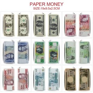 国际货币图案全彩拉链长钱包钱夹票夹 美元英镑印花手拿包零钱包