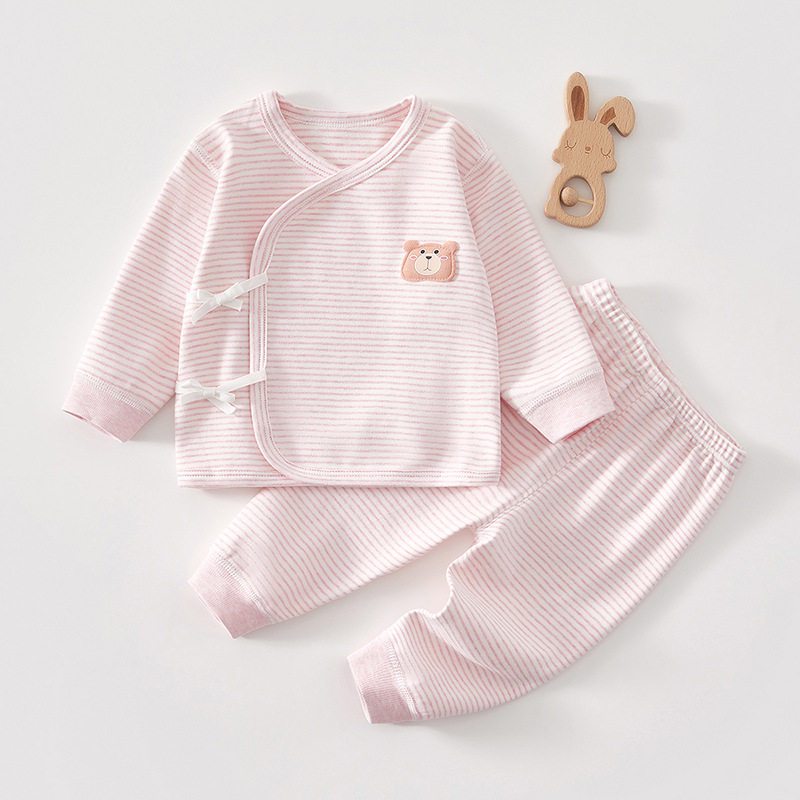0-3月婴儿衣服春秋绑带分体套装初生宝宝秋无骨打底衣服上衣裤子