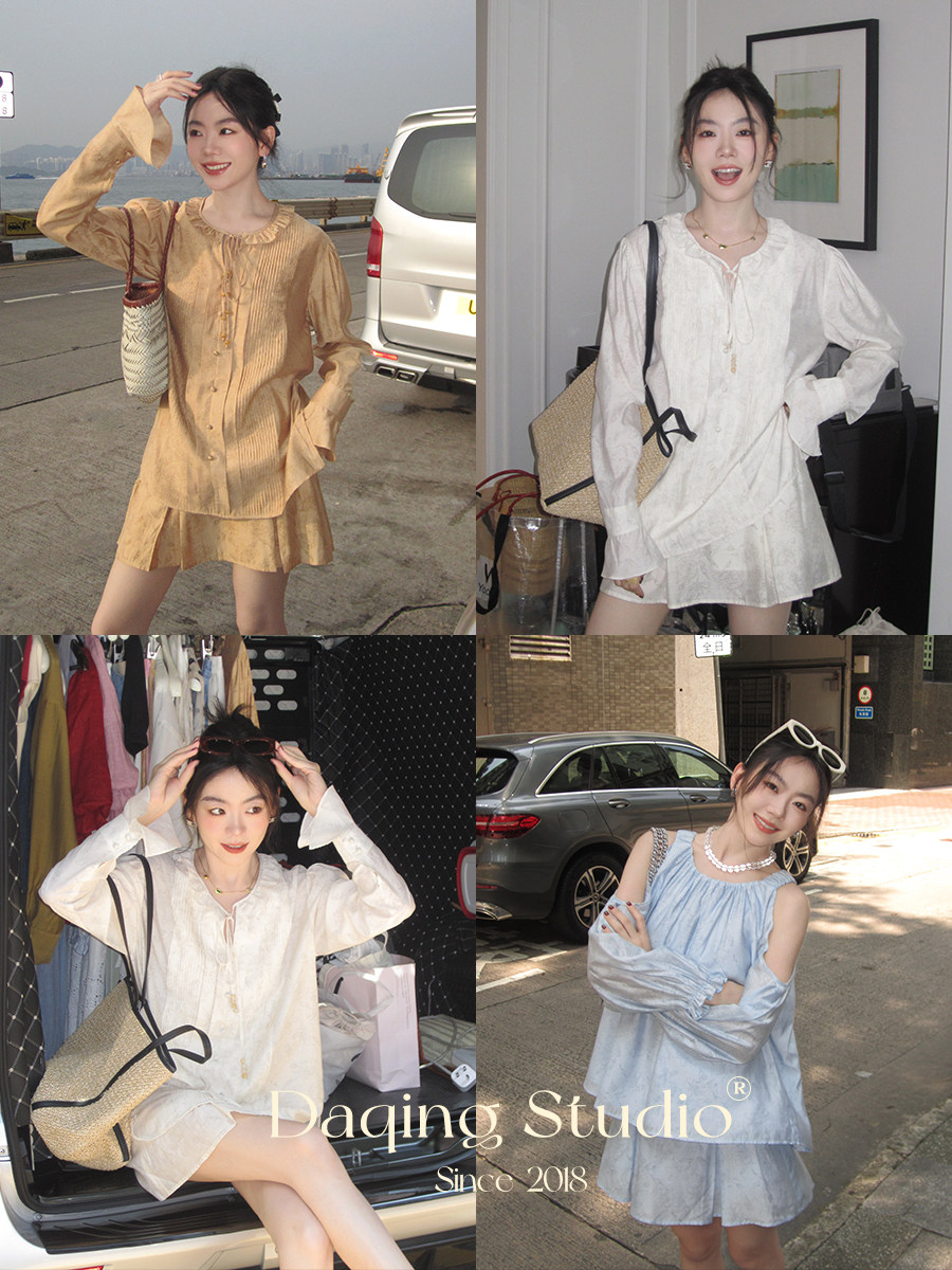 XU DAQING [DARK FLOWER SHADOW] 중국 스타일의 시원한 러플 셔츠 스커트 프린트 슈트 투피스 세트