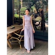 许大晴【轻岚】复古桑蚕丝肌理立领针织上衣松紧腰半身裙温柔套装