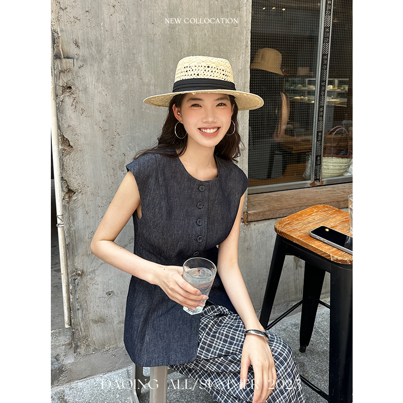许大晴【淞岛】老钱风亚麻宽松单排扣牛仔坎肩上衣时尚高级感马甲