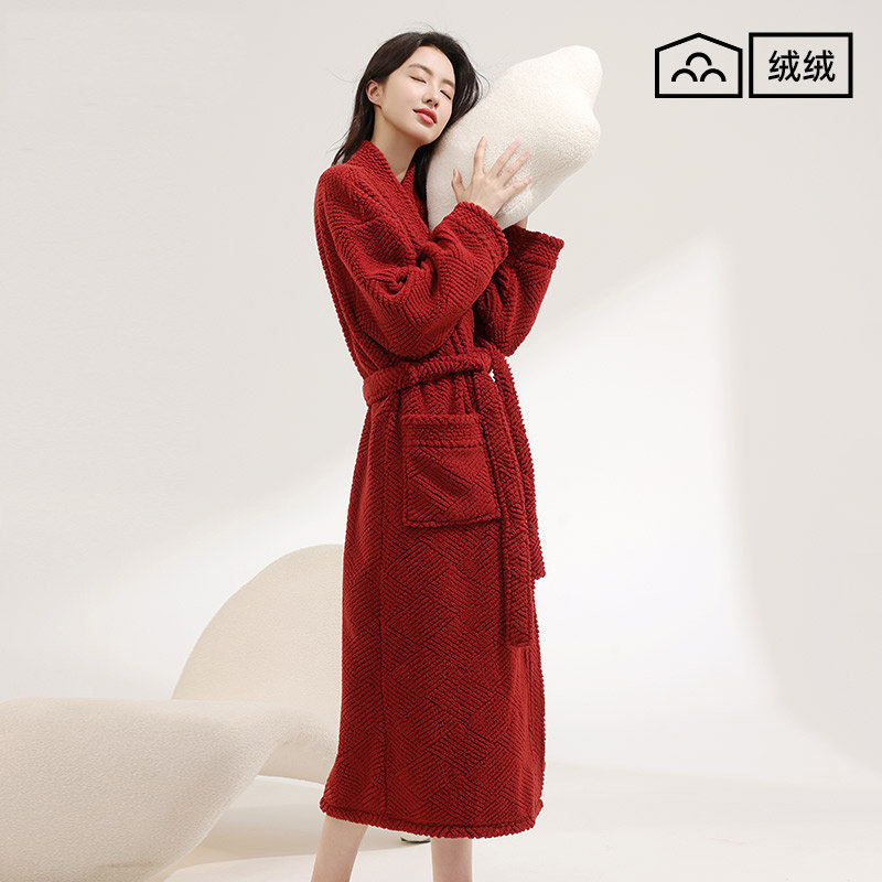 珊瑚绒睡袍女2025新款冬季浴袍红色新娘结婚睡衣长款秋冬情侣晨袍