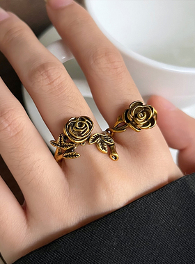 不掉色古金山茶玫瑰开口叠口戒指