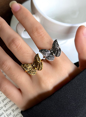 复古做旧蝴蝶925银开口戒指