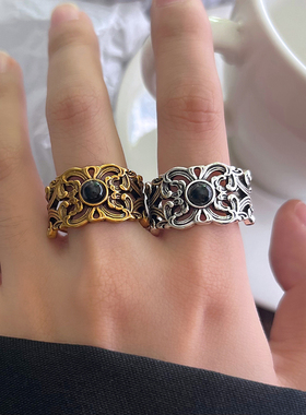 泰银吉祥繁花戒指镶嵌黑玛瑙