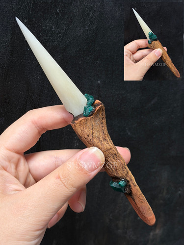 原创手作巫刃骨质刃“原木结晶”翠铜矿又称透视石一物孤品16cm