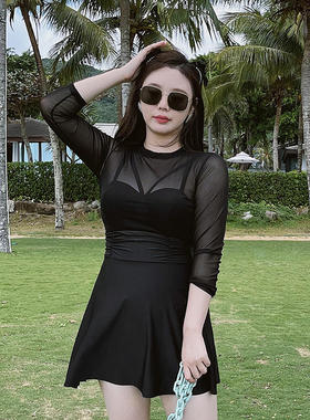 泳衣女夏大码胖mm200斤显瘦遮肚黑色性感钢托聚拢连体裙式两件套