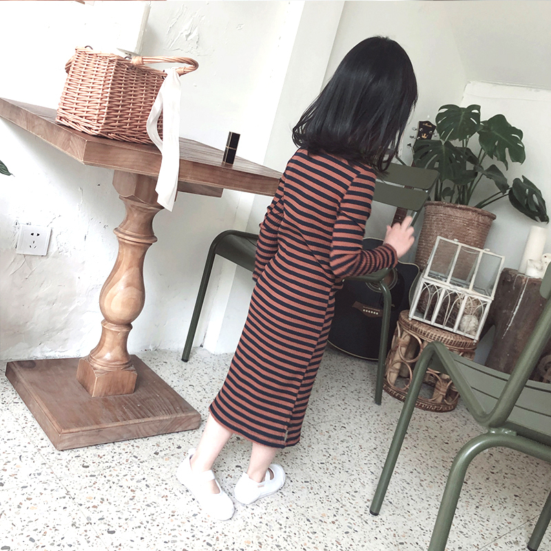 48.00元包邮2019女童春款连衣裙儿童韩版条纹洋气时尚修身t裙纯棉长袖T恤裙子