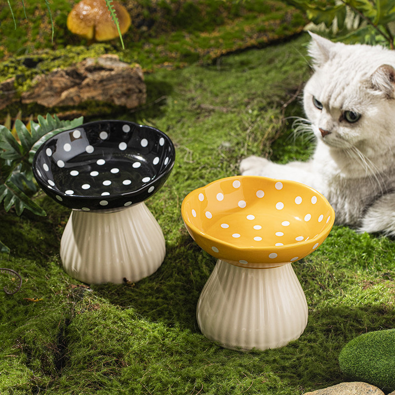 防滑宠物食盆陶瓷材质高脚护颈猫碗 狗狗水碗蘑菇造型设计