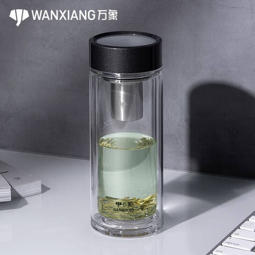 万象双层带滤网玻璃杯商务便携办公杯耐高温水杯家用杯子255ml-驼