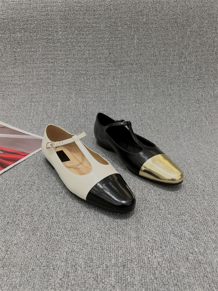 尖头浅口法式玛丽珍鞋拼色