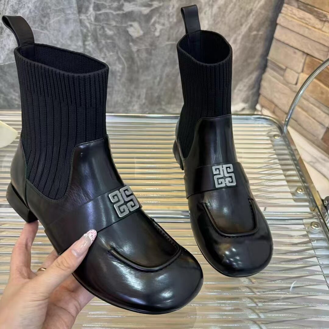 欧洲站新秋冬真皮2025真皮女士黑色圆头平底针织弹力袜靴高筒女鞋