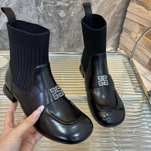 欧洲站新秋冬真皮2025真皮女士黑色圆头平底针织弹力袜靴高筒女鞋