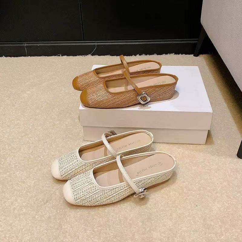 欧洲站2026夏季新款度假风草编方头凉拖鞋懒人半拖女内增高鞋女潮