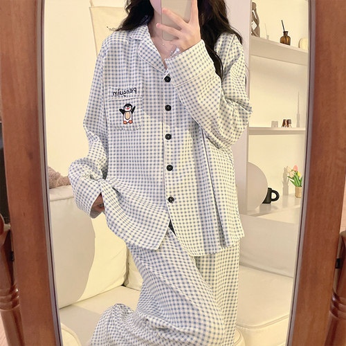 春秋纯棉格子带胸垫月子服