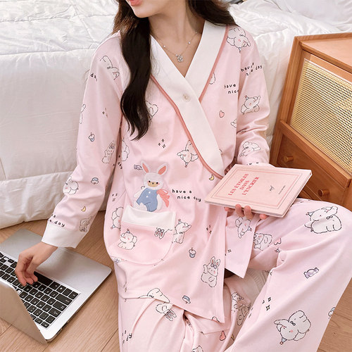 新中式春夏季纯棉带胸垫月子服