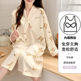 带胸垫待产月子产检裙产后孕妇睡衣哺乳睡裙中长款 纯棉连衣裙产妇