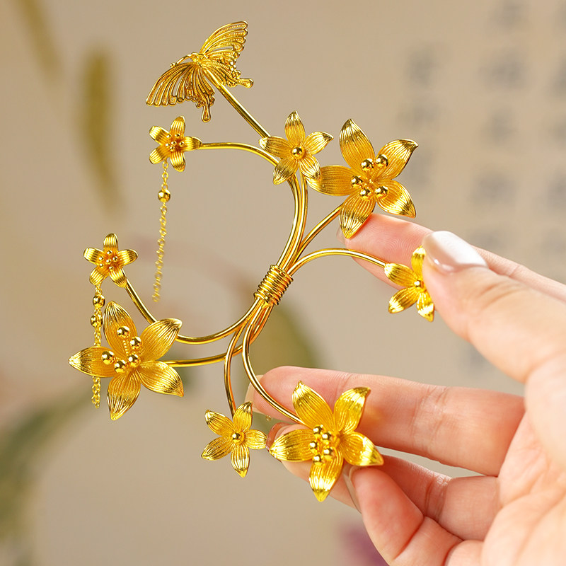 铜镀金繁花似锦耳挂蝴蝶流苏无耳洞耳挂女婚嫁三金秀禾耳饰