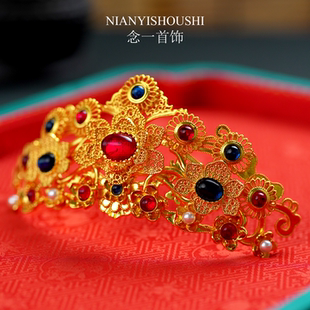 铜镀金双龙戏珠发冠汉服发簪发钗金色发簪明制狄髻秀禾婚礼发饰