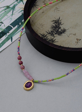 新中式粉色玛瑙石项链女小众设计感串珠锁骨链法式复古叠戴气质