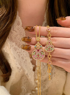 古法金色掐丝錾花蝴蝶葫芦平安锁项链新中式蝴蝶手镯手链